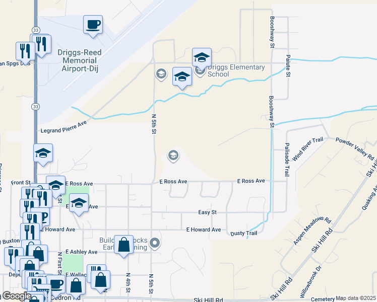 map of restaurants, bars, coffee shops, grocery stores, and more near 555 East Ross Avenue in Driggs
