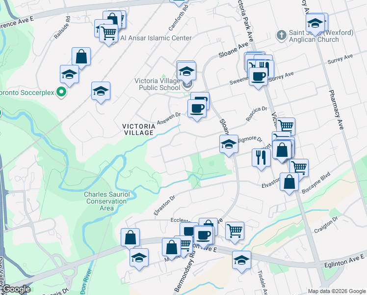 map of restaurants, bars, coffee shops, grocery stores, and more near 16 Donewen Court in Toronto
