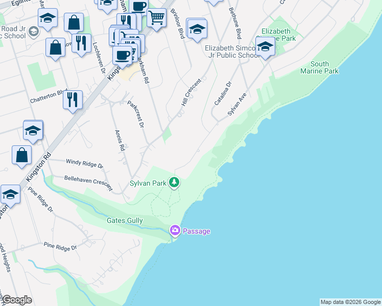 map of restaurants, bars, coffee shops, grocery stores, and more near 78 Sylvan Avenue in Toronto