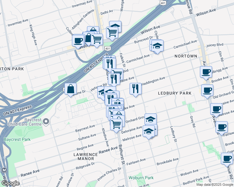 map of restaurants, bars, coffee shops, grocery stores, and more near 269 Haddington Avenue in Toronto