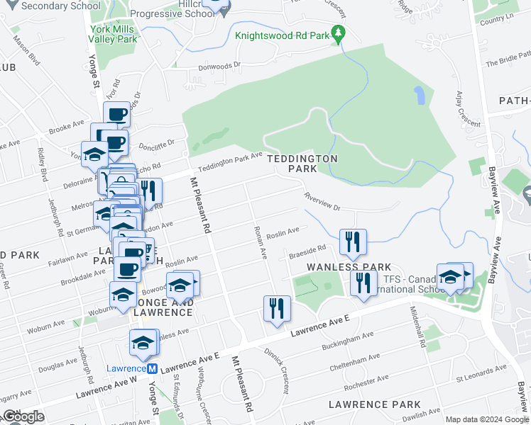 map of restaurants, bars, coffee shops, grocery stores, and more near 264 Glenforest Road in Toronto
