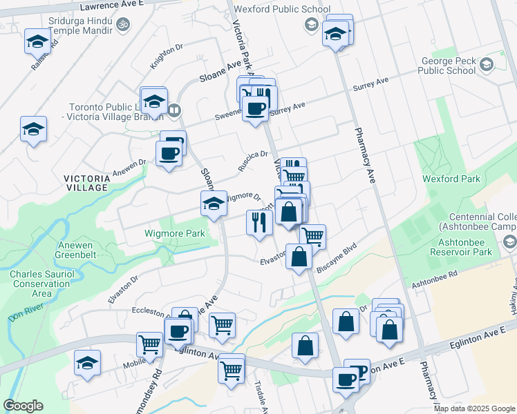 map of restaurants, bars, coffee shops, grocery stores, and more near 38 Draycott Drive in Toronto