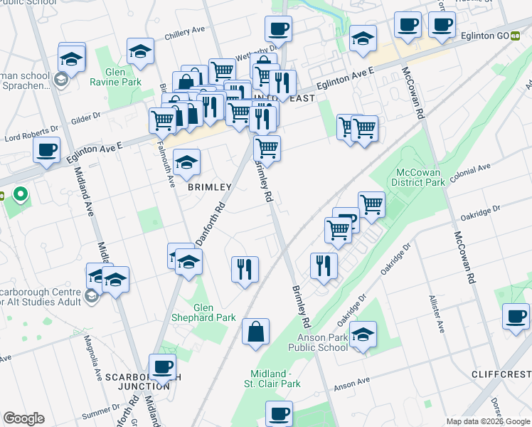 map of restaurants, bars, coffee shops, grocery stores, and more near in Toronto