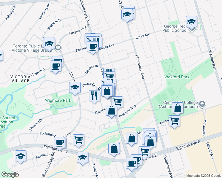 map of restaurants, bars, coffee shops, grocery stores, and more near in Toronto