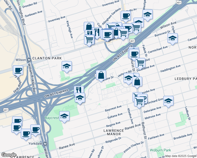 map of restaurants, bars, coffee shops, grocery stores, and more near in Toronto