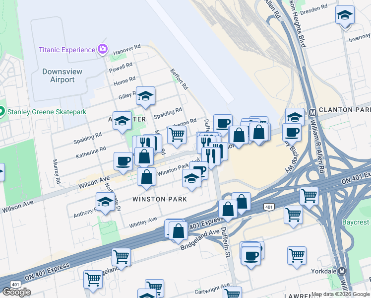 map of restaurants, bars, coffee shops, grocery stores, and more near in Toronto