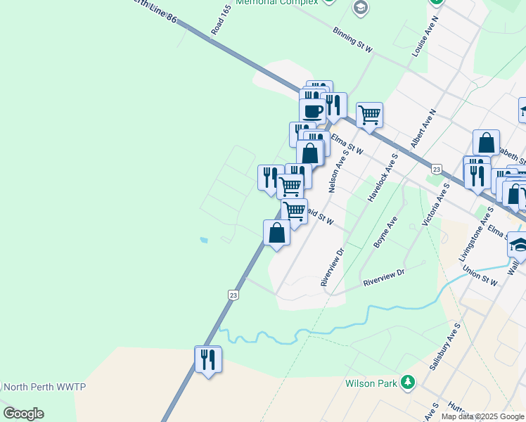 map of restaurants, bars, coffee shops, grocery stores, and more near 605 Mitchell Road South in Listowel