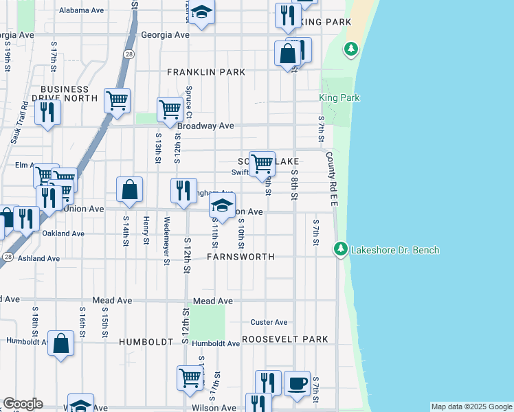 map of restaurants, bars, coffee shops, grocery stores, and more near 919 Dillingham Avenue in Sheboygan