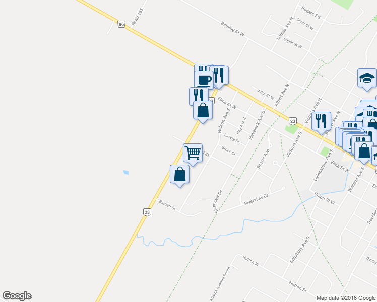 map of restaurants, bars, coffee shops, grocery stores, and more near 598 Mitchell Road South in Listowel