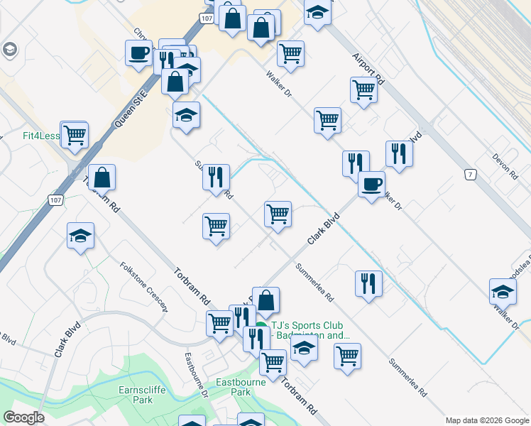 map of restaurants, bars, coffee shops, grocery stores, and more near 12 Colony Court in Brampton