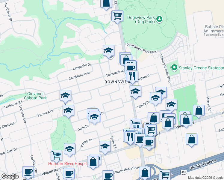 map of restaurants, bars, coffee shops, grocery stores, and more near in Toronto