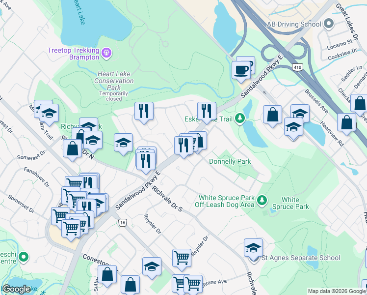 map of restaurants, bars, coffee shops, grocery stores, and more near 410 Sandalwood Parkway East in Brampton