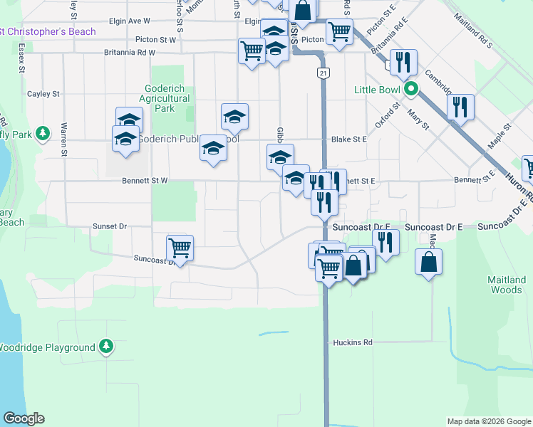 map of restaurants, bars, coffee shops, grocery stores, and more near 313 Krohmer Drive in Goderich