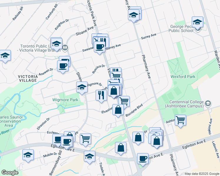 map of restaurants, bars, coffee shops, grocery stores, and more near 1682 Victoria Park Avenue in Toronto