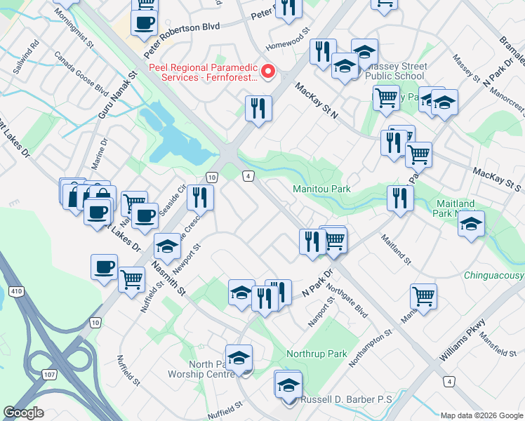 map of restaurants, bars, coffee shops, grocery stores, and more near 23 Newbury Crescent in Brampton