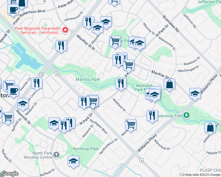 map of restaurants, bars, coffee shops, grocery stores, and more near 36 Myna Court in Brampton