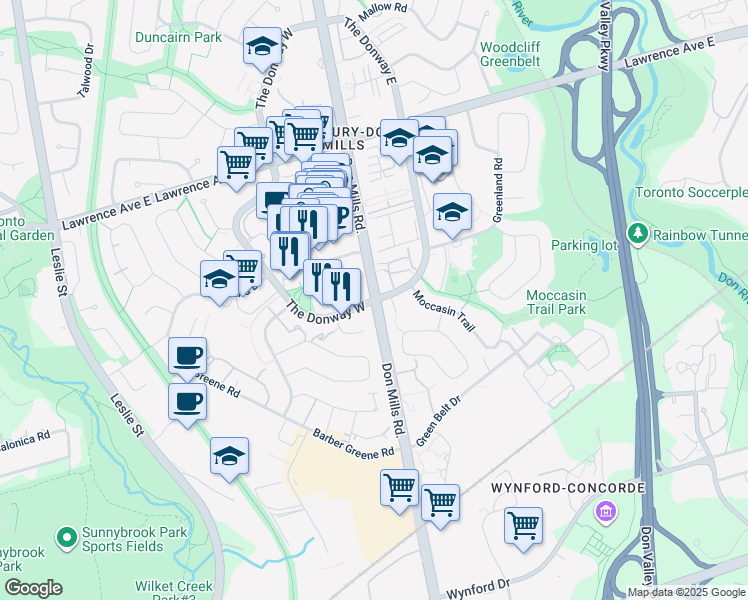 map of restaurants, bars, coffee shops, grocery stores, and more near Don Mills Rd & The Donway E in Toronto
