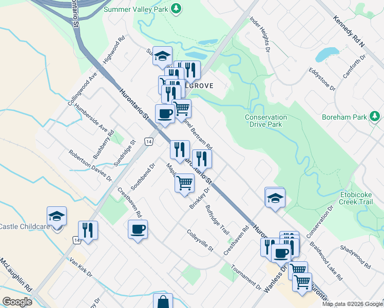 map of restaurants, bars, coffee shops, grocery stores, and more near 32 Dokkum Crescent in Brampton