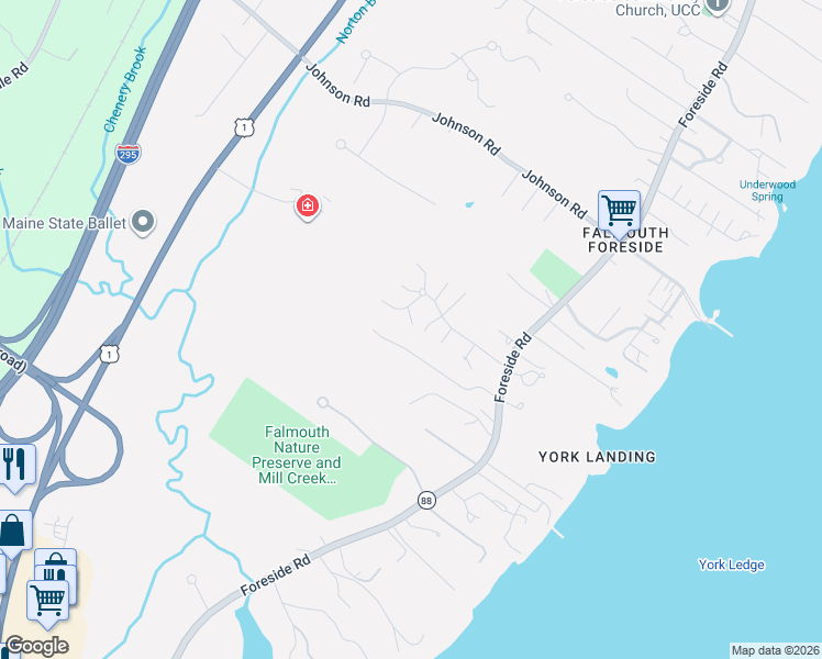 map of restaurants, bars, coffee shops, grocery stores, and more near 58 Applegate Lane in Falmouth