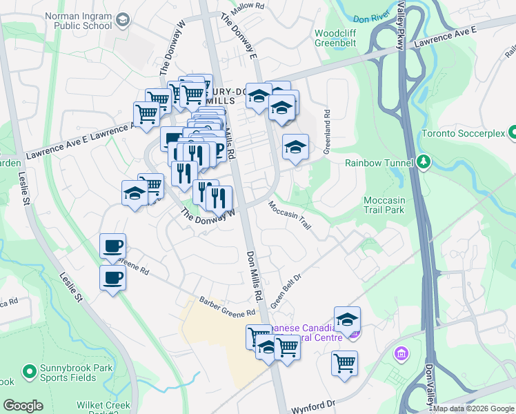 map of restaurants, bars, coffee shops, grocery stores, and more near 1 Guytoi Court in Toronto