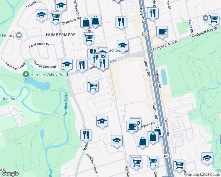 map of restaurants, bars, coffee shops, grocery stores, and more near 145 Isaac Devins Boulevard in Toronto