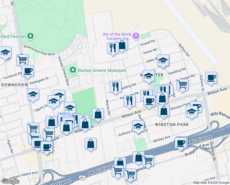 map of restaurants, bars, coffee shops, grocery stores, and more near 159 Spalding Road in Toronto