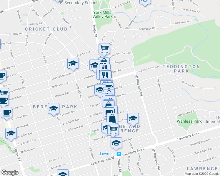map of restaurants, bars, coffee shops, grocery stores, and more near in Toronto