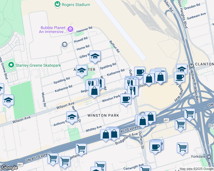 map of restaurants, bars, coffee shops, grocery stores, and more near in Toronto