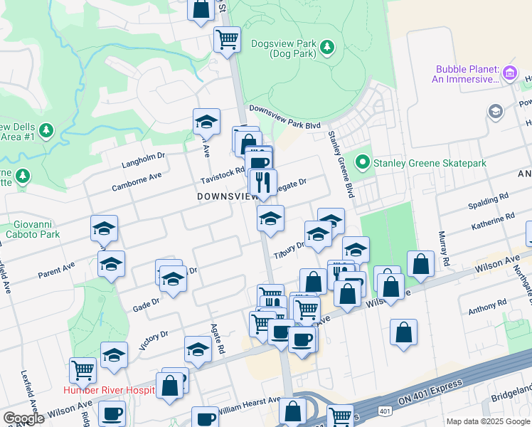 map of restaurants, bars, coffee shops, grocery stores, and more near in Toronto
