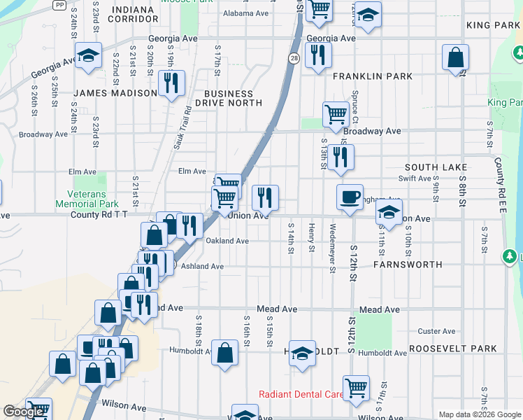 map of restaurants, bars, coffee shops, grocery stores, and more near 2011 South 16th Street in Sheboygan