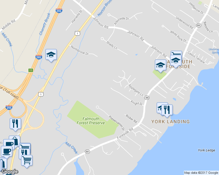 map of restaurants, bars, coffee shops, grocery stores, and more near 24 Knight Street in Falmouth