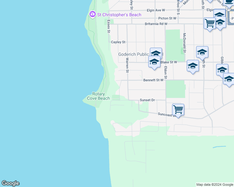 map of restaurants, bars, coffee shops, grocery stores, and more near 306 Lakeside Drive in Goderich
