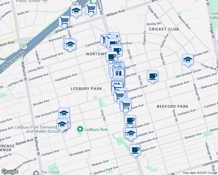 map of restaurants, bars, coffee shops, grocery stores, and more near 220 Roe Avenue in Toronto