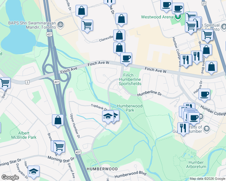 map of restaurants, bars, coffee shops, grocery stores, and more near 21 Viewcrest Circle in Toronto