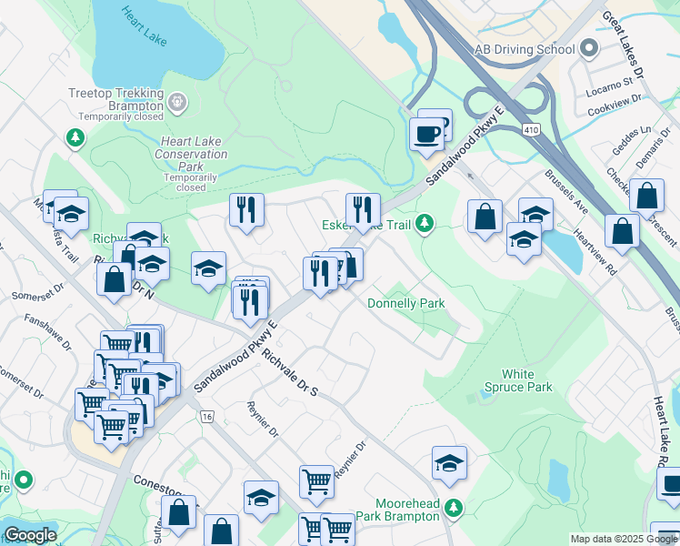 map of restaurants, bars, coffee shops, grocery stores, and more near 42 Barr Crescent in Brampton