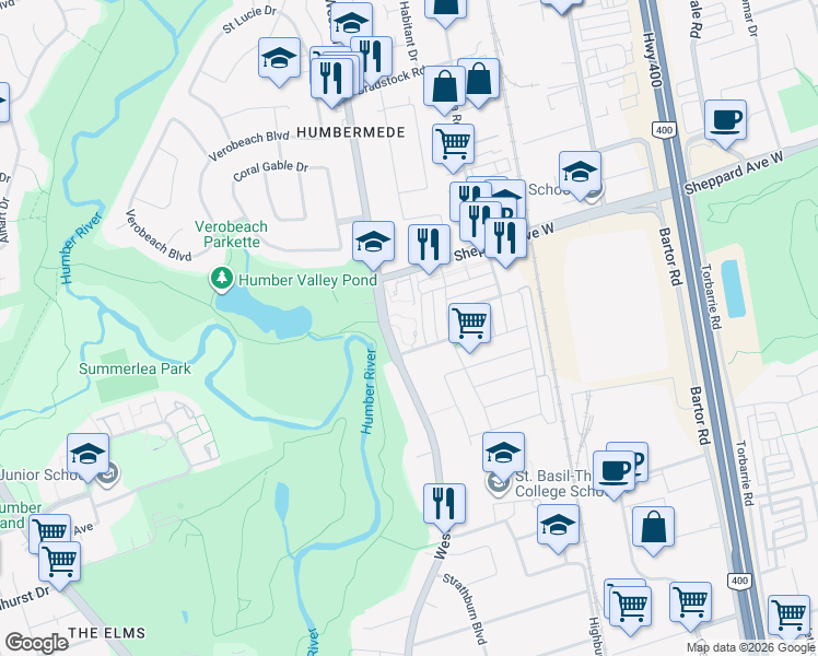 map of restaurants, bars, coffee shops, grocery stores, and more near in Toronto
