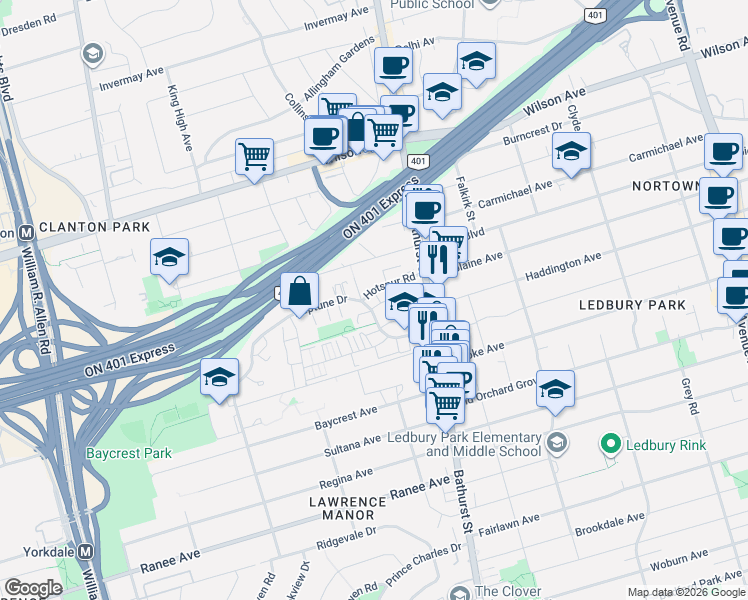 map of restaurants, bars, coffee shops, grocery stores, and more near 54 Neptune Drive in Toronto