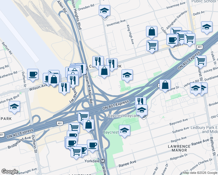 map of restaurants, bars, coffee shops, grocery stores, and more near 3 Tippett Road in Toronto