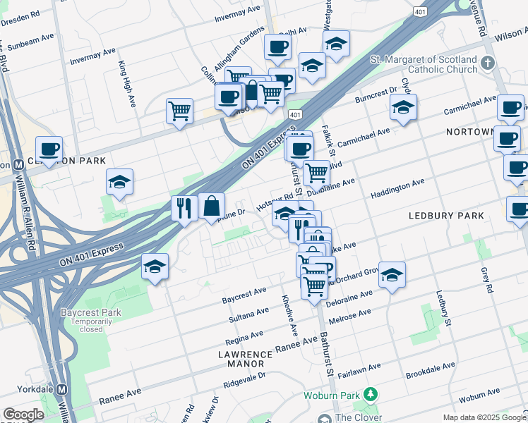 map of restaurants, bars, coffee shops, grocery stores, and more near 54 Neptune Drive in Toronto