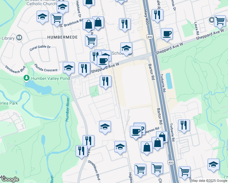 map of restaurants, bars, coffee shops, grocery stores, and more near in Toronto