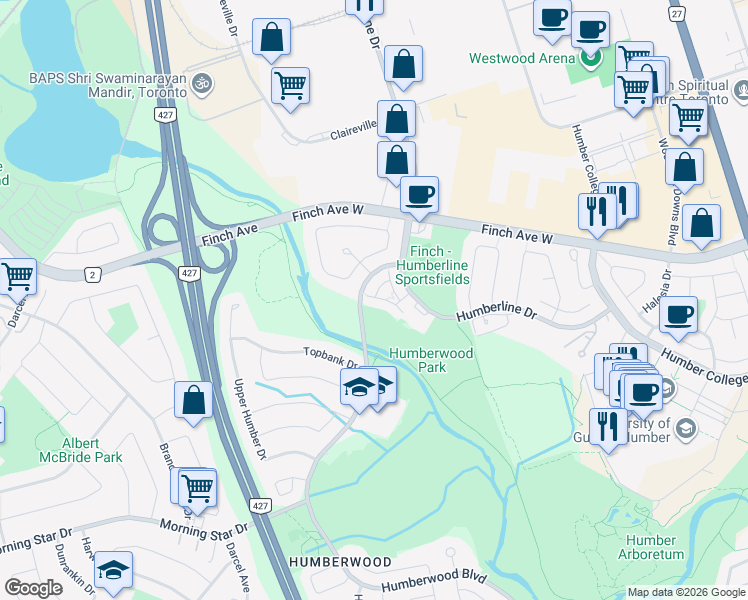 map of restaurants, bars, coffee shops, grocery stores, and more near 25 Viewcrest Circle in Toronto