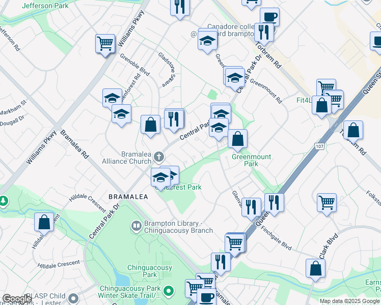 map of restaurants, bars, coffee shops, grocery stores, and more near 30 Greenbush Court in Brampton