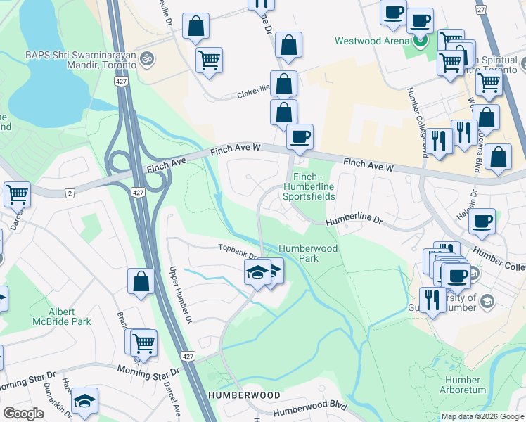 map of restaurants, bars, coffee shops, grocery stores, and more near 25 Viewcrest Circle in Toronto