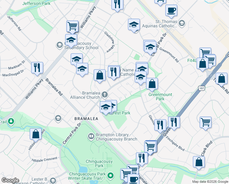 map of restaurants, bars, coffee shops, grocery stores, and more near 24 Grand River Court in Brampton