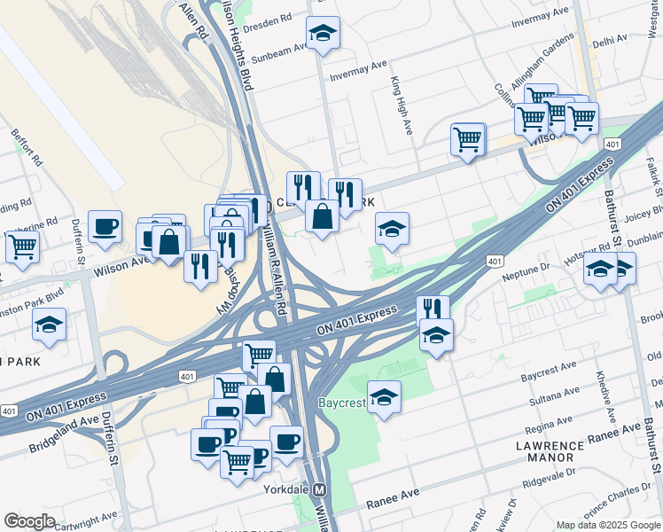 map of restaurants, bars, coffee shops, grocery stores, and more near 8 Tippett Road in Toronto