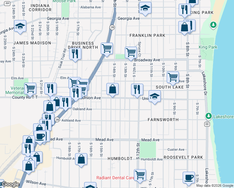 map of restaurants, bars, coffee shops, grocery stores, and more near 2011 South 14th Street in Sheboygan