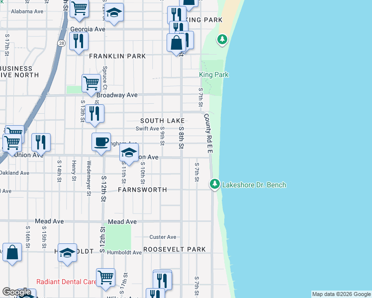 map of restaurants, bars, coffee shops, grocery stores, and more near 2005 S 8th St in Sheboygan