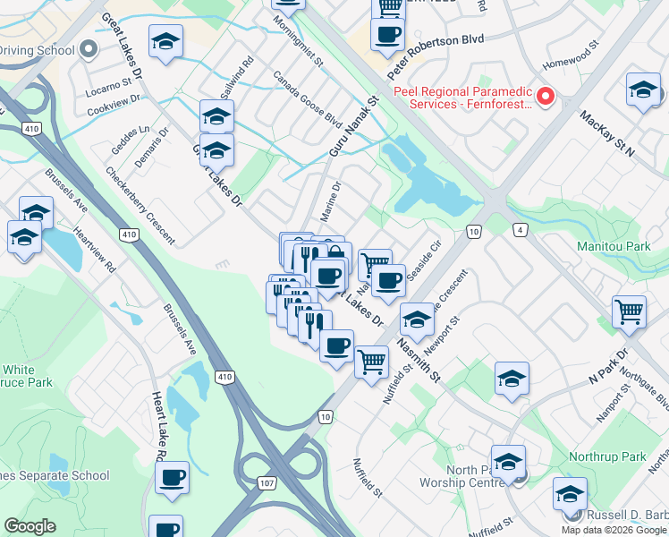 map of restaurants, bars, coffee shops, grocery stores, and more near 94 Sandyshores Drive in Brampton