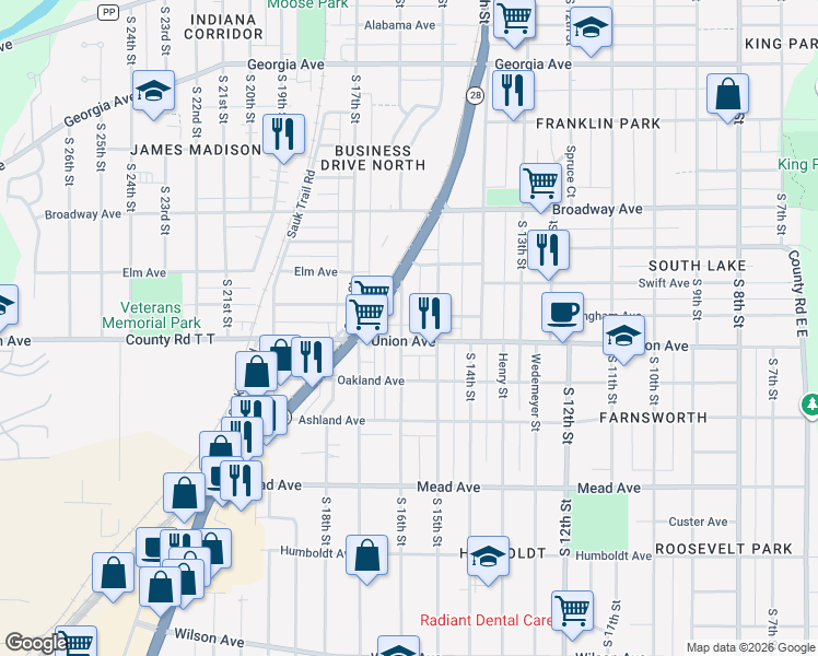 map of restaurants, bars, coffee shops, grocery stores, and more near 2011 South 16th Street in Sheboygan