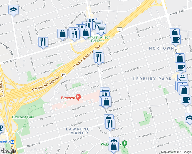 map of restaurants, bars, coffee shops, grocery stores, and more near 3636 Bathurst Street in Toronto